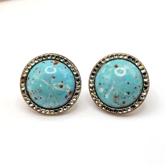 Vintage Screw Back Earrings,  Turquoise  silvertone - Picture 1 of 7